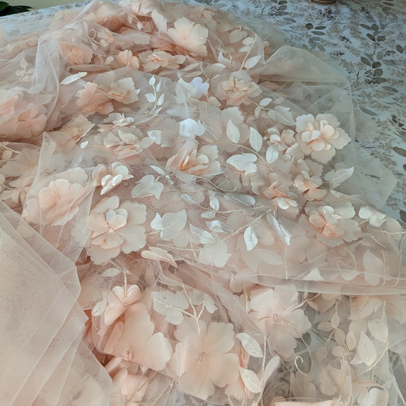 Blush Pink Floral Appliques Tulle Fabric - Picture 5 of 5